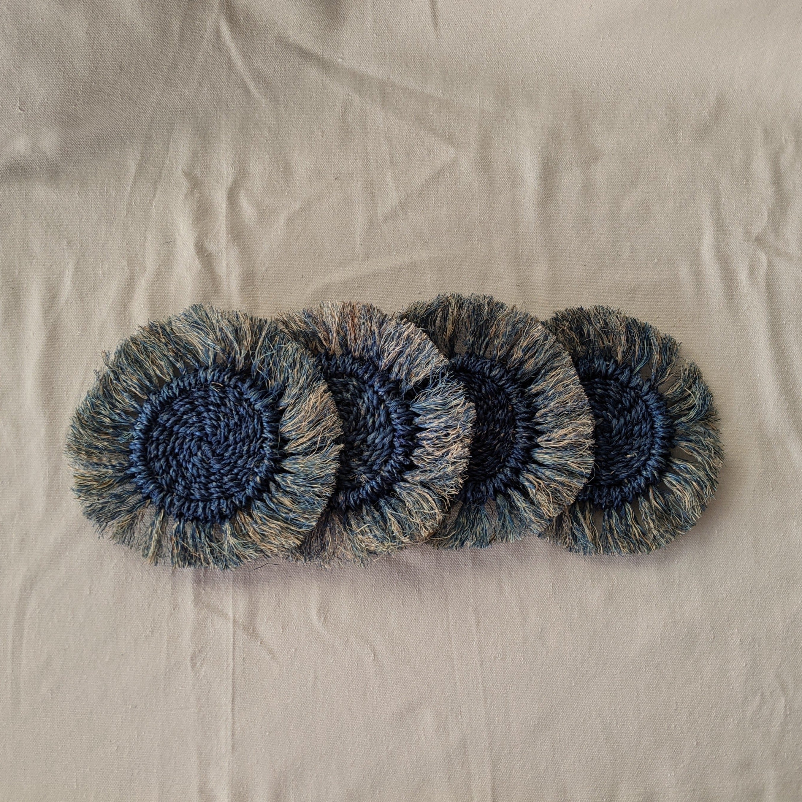 Abaca Fringed Coaster (Set of 4) - Cobalt Blue